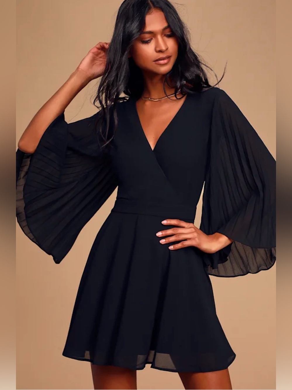 Lulu’s Elegant Black Pleated Bell Sleeve Dress